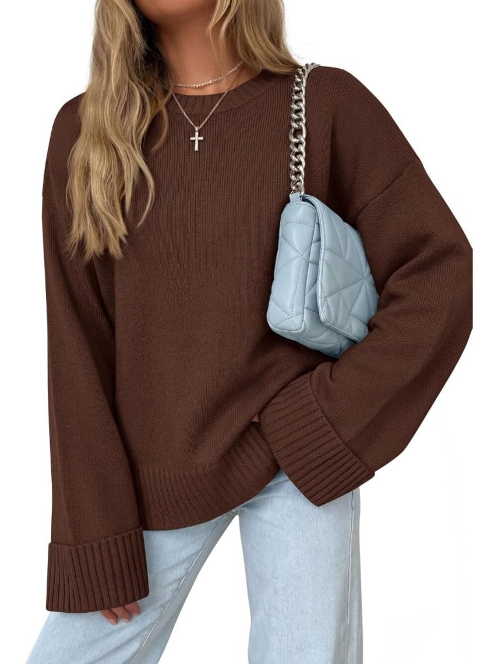 Women's Brown Crewneck Long Sleeve Solid Ribbed Knit Top Oversized Fall Sweater
